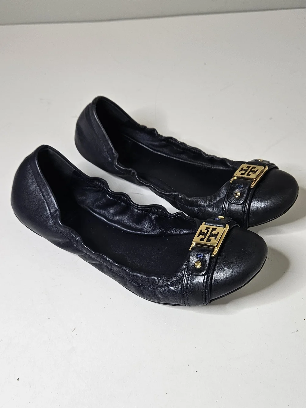 Tory Burch Ambrose Leather Ballet Flats Women's 8 Black Navy Gold